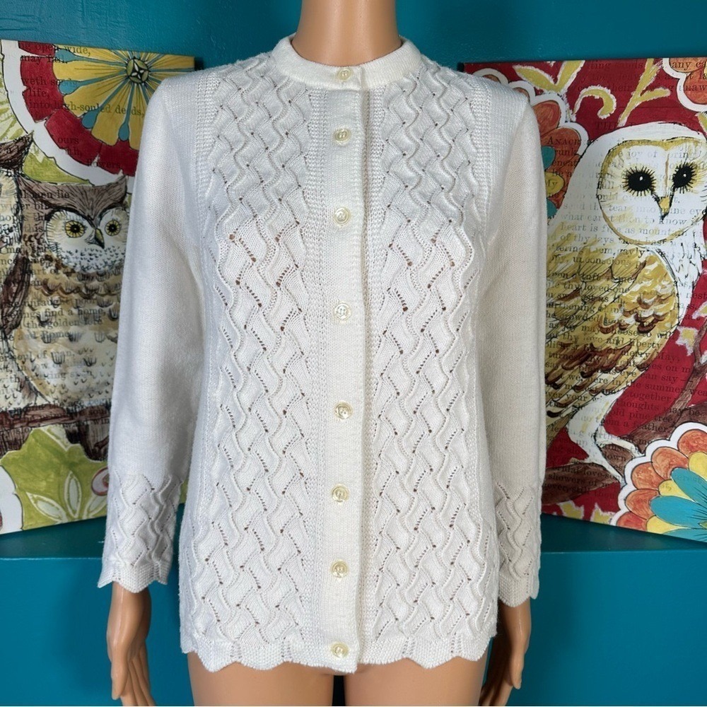 Sidney Gould Cardigan Sweater Vintage Women's Small White Open Knit 1960's USA